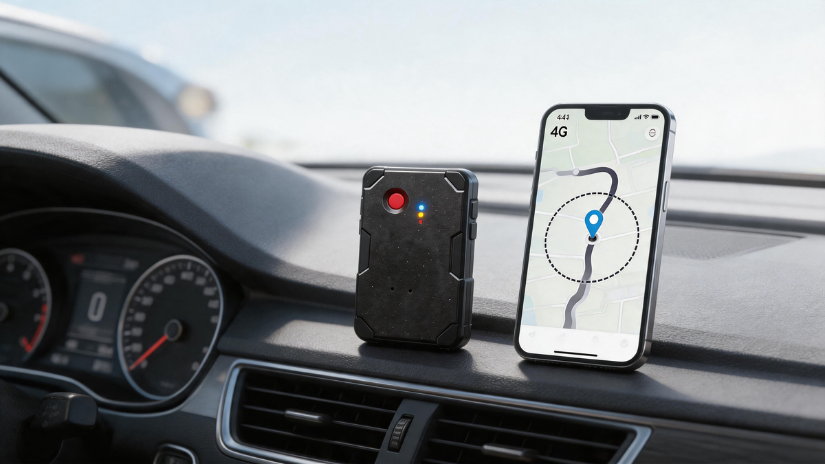 hardwired GPS tracker with kill switch no subscription beside smartphone map in vehicle security setup