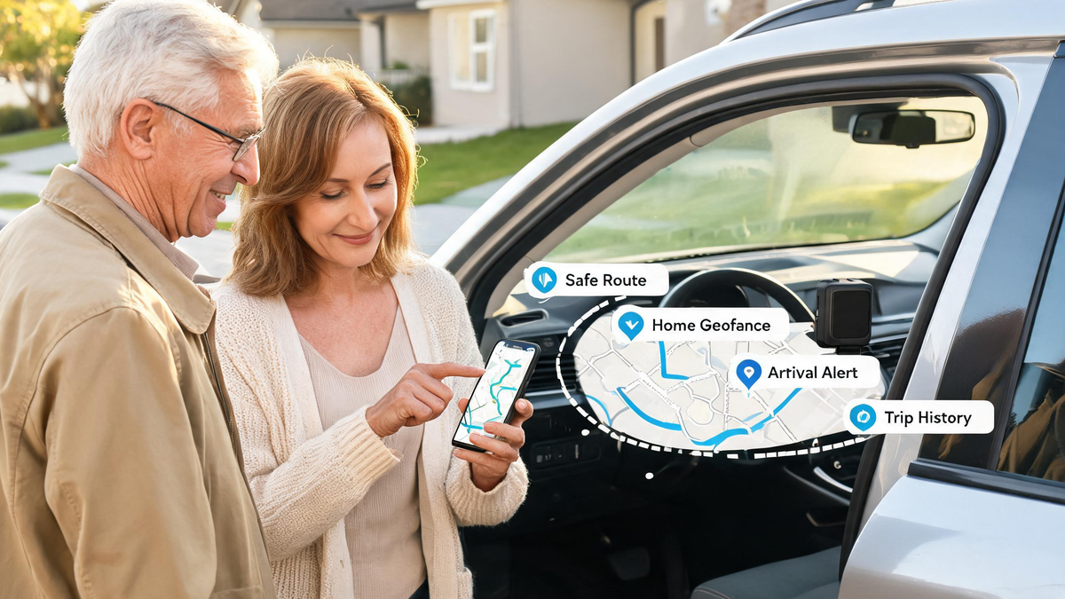 family setting up GPS tracking for elderly driver with car, smartphone map, geofence alerts, and trip history