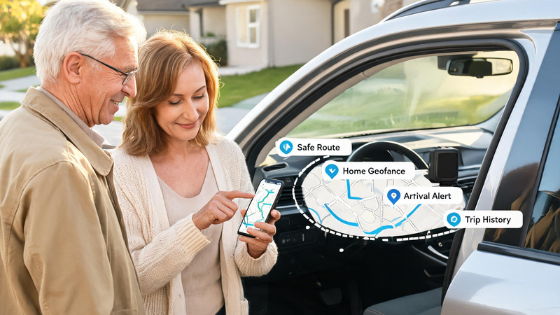 family setting up GPS tracking for elderly driver with car, smartphone map, geofence alerts, and trip history