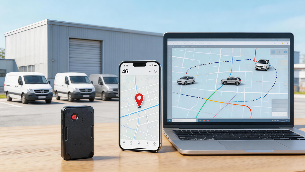small fleet GPS tracker setup with work vans, smartphone map, geofence alerts, trip history, and no monthly fee tracking