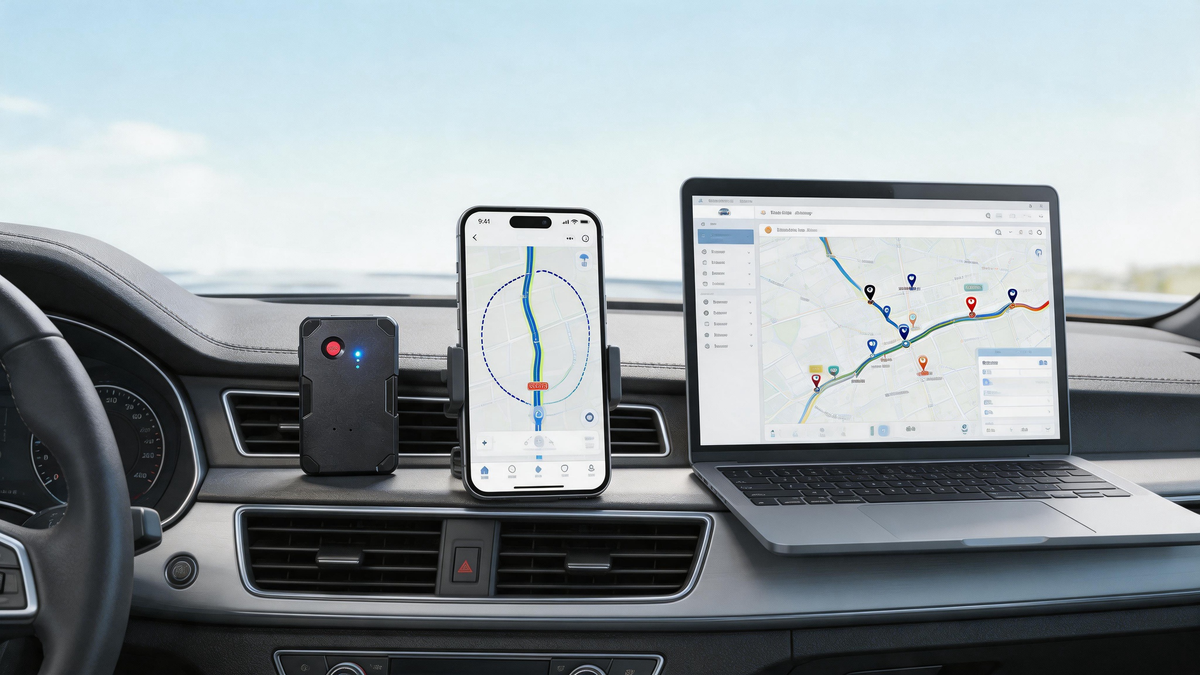 car GPS history dashboard showing route playback, stops, trip records, smartphone map, and no monthly fee vehicle tracking