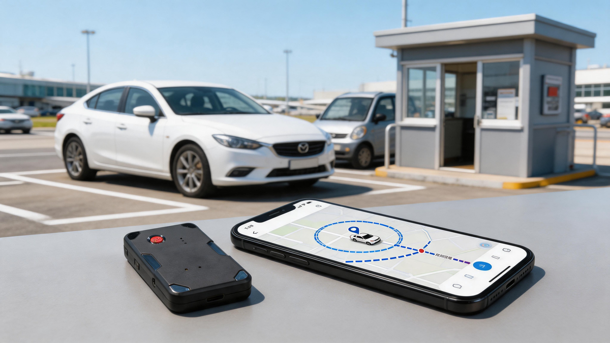 rental car GPS tracker with smartphone map showing trip history, geofence alerts, return location checks, and no monthly fee vehicle tracking