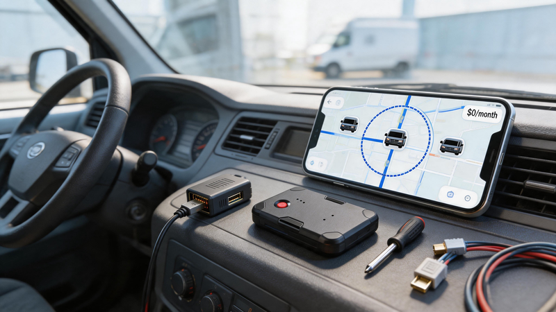 hardwired vs plug-in GPS tracker comparison for work vehicles with OBD tracker, wired tracker, smartphone map, trip history, and no monthly fee fleet tracking