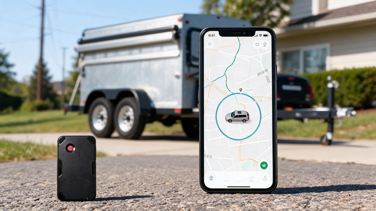 long battery life GPS tracker for parked vehicles, trailers, equipment, smartphone map, trip history, geofence alerts, and no monthly fee tracking