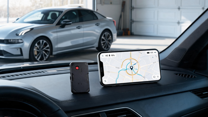 3 month battery tracker for cars with long battery GPS device beside smartphone map and parked vehicle