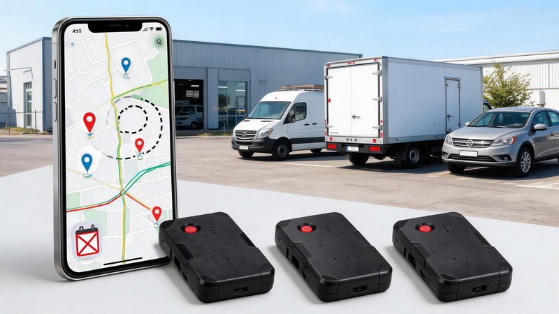 bulk GPS trackers for vehicles with multiple compact GPS devices, smartphone map, service vans, geofence alerts, trip history, and no monthly fee tracking