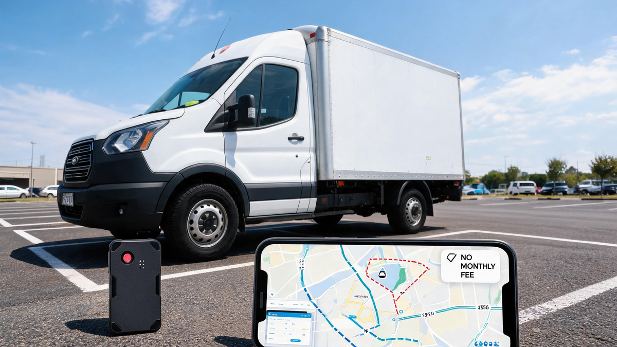 GPS tracker for company vehicles with compact 4G tracking device, smartphone map, work van, geofence alerts, trip history, and no monthly fee tracking