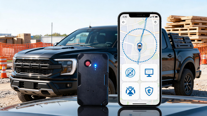 GPS tracker for work trucks with compact 4G tracking device, smartphone map, service truck, geofence alerts, trip history, and no monthly fee tracking