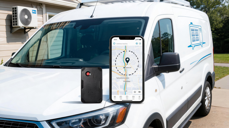 GPS tracking for HVAC companies with compact 4G GPS tracker, technician service van, smartphone map, trip history, geofence alerts, and no monthly fee tracking