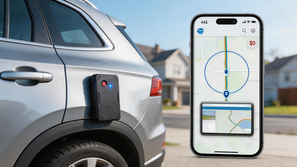 magnetic GPS tracker for vehicles with compact 4G device beside smartphone map and parked car