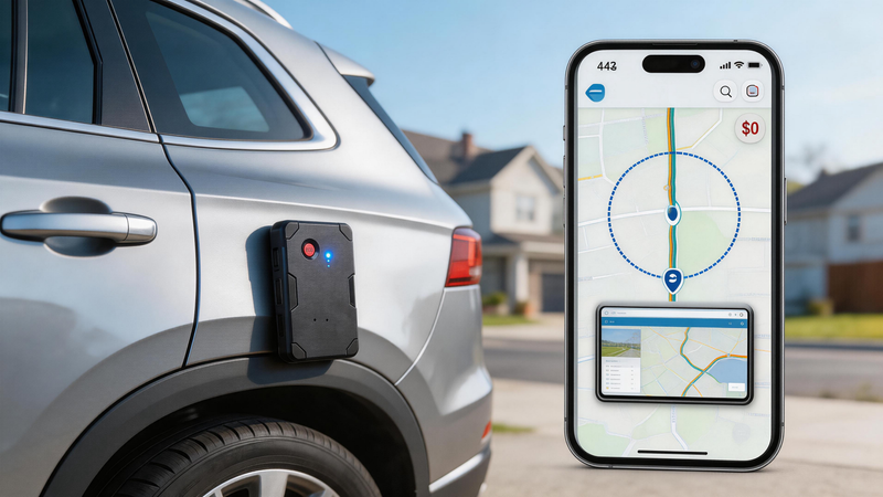 magnetic GPS tracker for vehicles with compact 4G device beside smartphone map and parked car