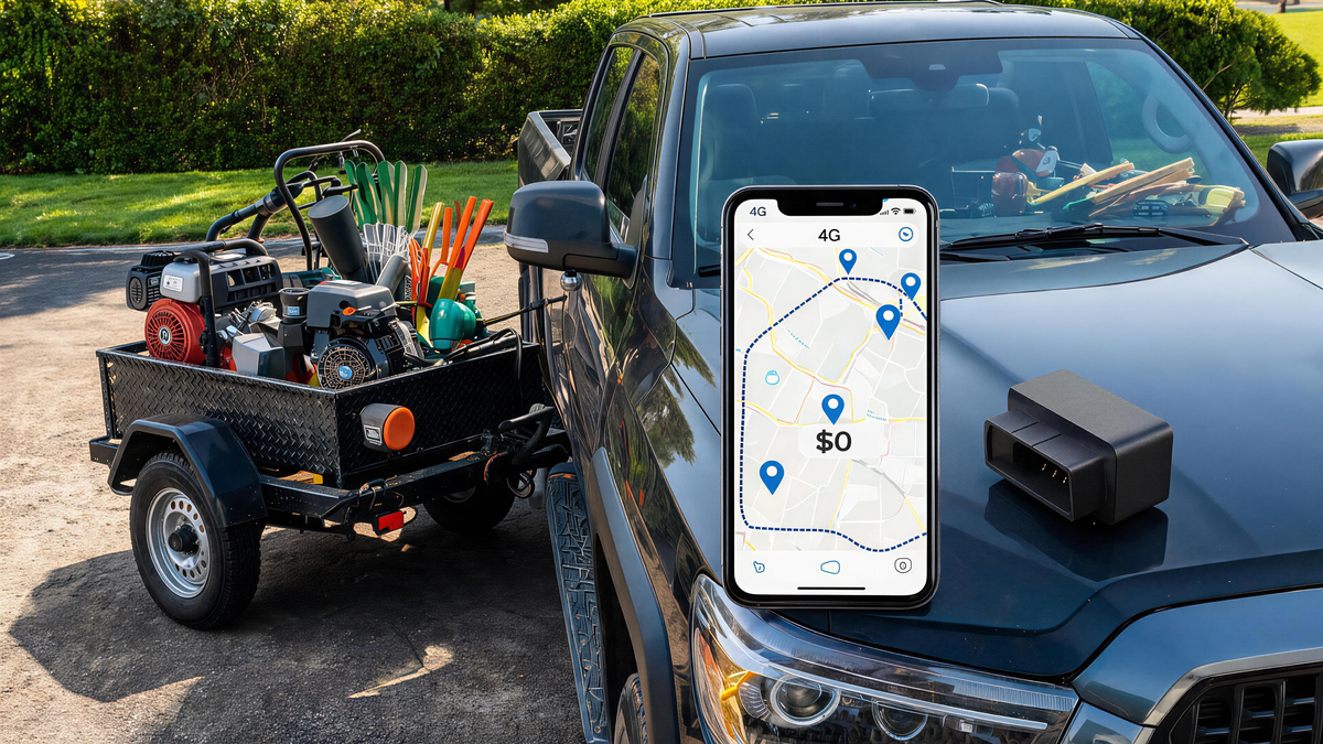 GPS tracking for landscaping companies with compact 4G GPS tracker, landscaping work truck, trailer, smartphone map, trip history, geofence alerts, and no monthly fee tracking