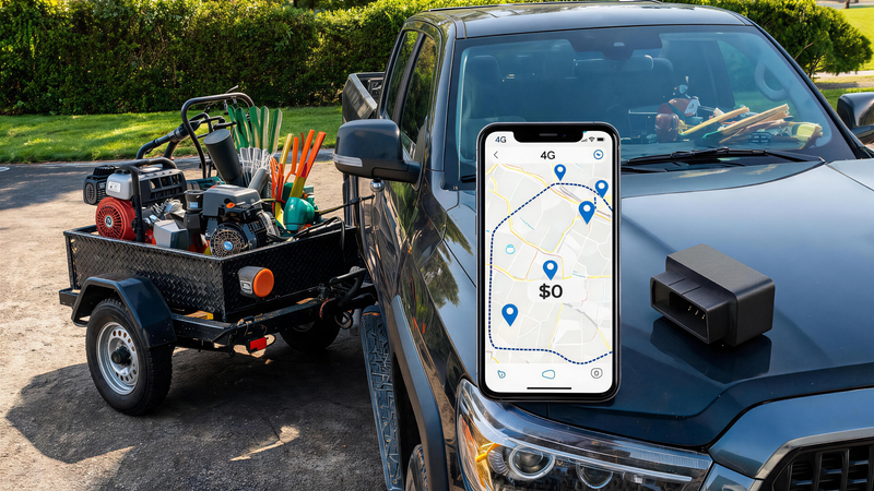 GPS tracking for landscaping companies with compact 4G GPS tracker, landscaping work truck, trailer, smartphone map, trip history, geofence alerts, and no monthly fee tracking