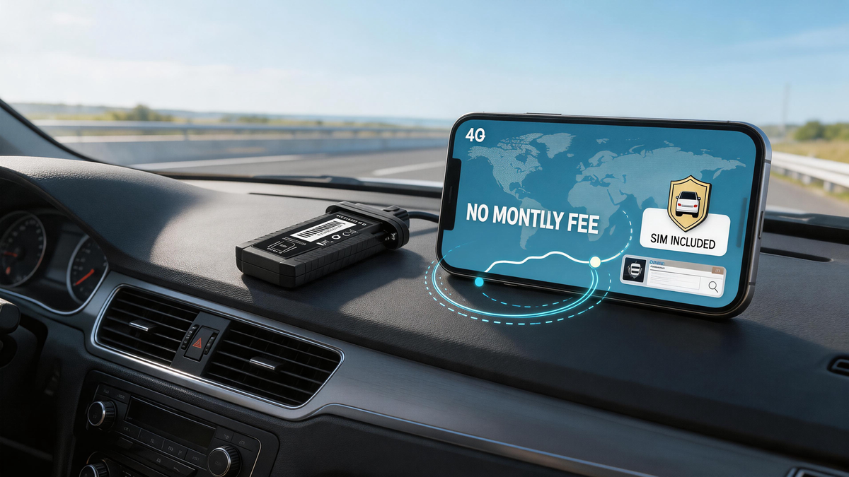 International GPS tracker for vehicles with compact 4G GPS device, smartphone map, SIM/data included, trip history, geofence alerts, web access, and no monthly fee tracking