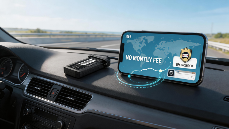 International GPS tracker for vehicles with compact 4G GPS device, smartphone map, SIM/data included, trip history, geofence alerts, web access, and no monthly fee tracking