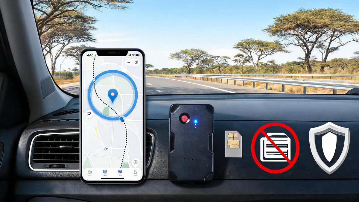 GPS tracker for vehicles in South Africa with compact 4G GPS device, smartphone map, car dashboard, trip history, geofence alerts, web access, and no monthly fee tracking