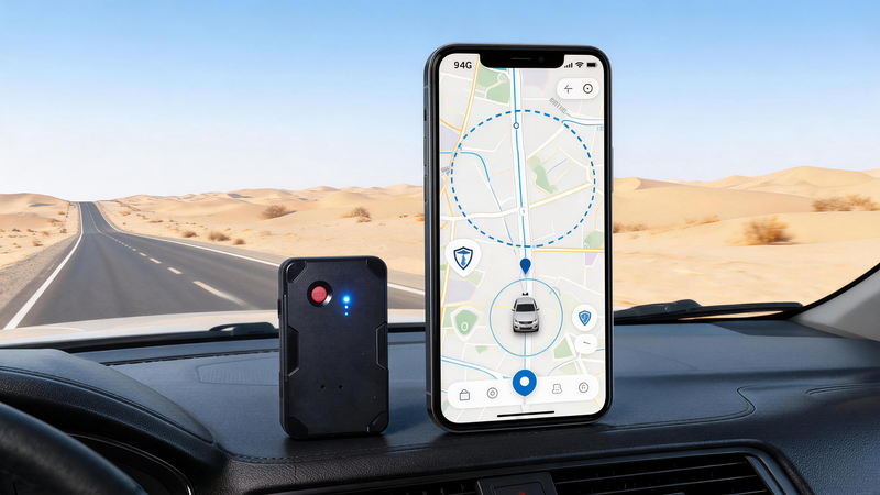 GPS tracker for vehicles in the UAE with compact 4G GPS device, smartphone map, car dashboard, trip history, geofence alerts, web access, and no monthly fee tracking