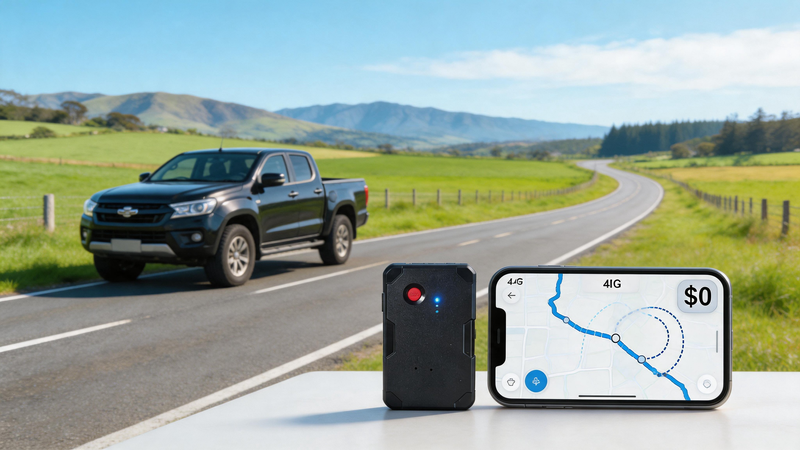 GPS tracker for vehicles in New Zealand with a work ute and smartphone map on a rural road