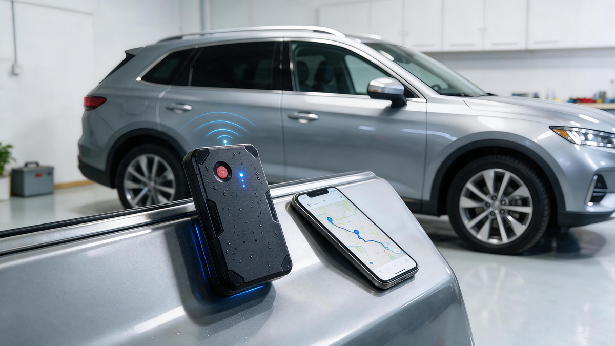 Magnetic GPS tracker placement on a clean steel vehicle surface beside a smartphone map