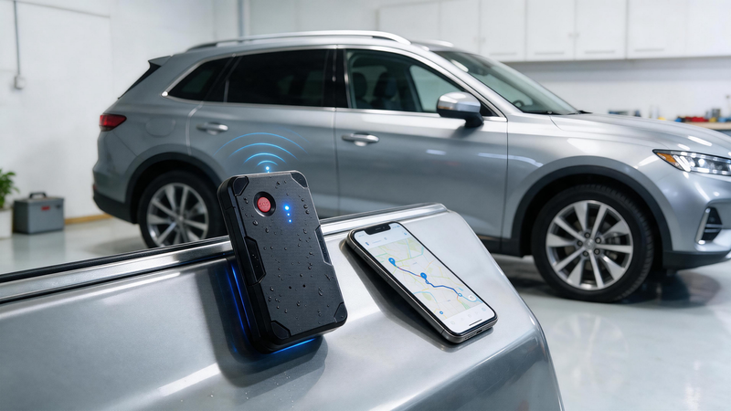 Magnetic GPS tracker placement on a clean steel vehicle surface beside a smartphone map