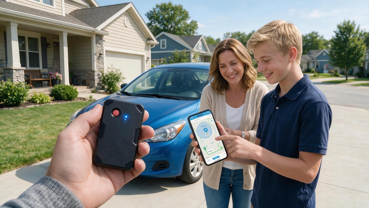 Parent and teen reviewing GPS tracker geofence and driving alerts beside a family car