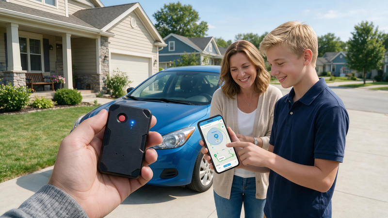 Parent and teen reviewing GPS tracker geofence and driving alerts beside a family car