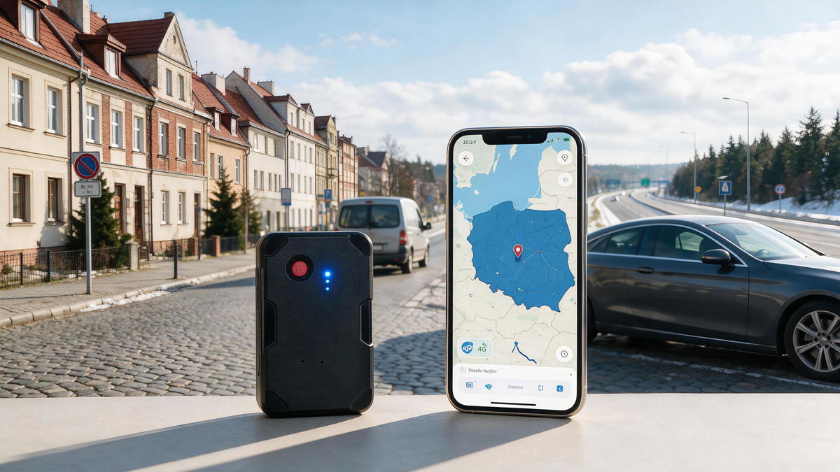 GPS tracker for vehicles in Poland beside a car, delivery van, and smartphone route map