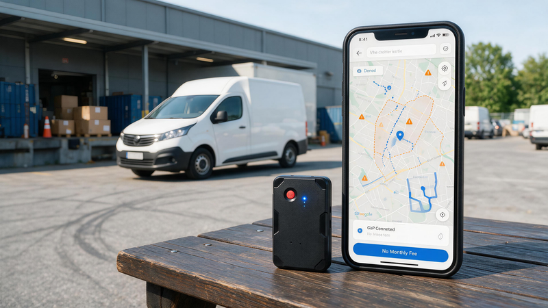 GPS tracker for a delivery van beside a smartphone fleet map and depot
