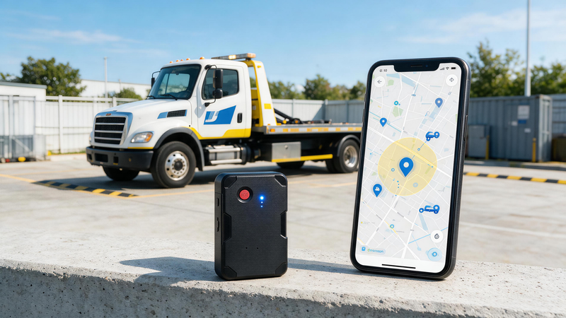GPS tracker for a tow truck beside a smartphone fleet map at a towing yard