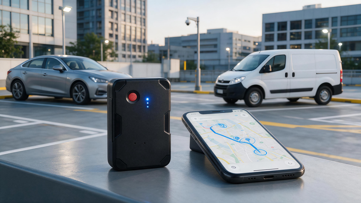 Car park security setup with parked car, work van, GPS tracker, smartphone map, lighting, and geofence alerts