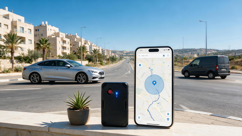 GPS tracker for cars in Israel beside a passenger car, work van, and smartphone route map