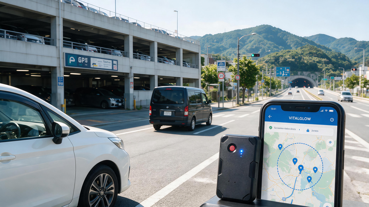 GPS tracker for cars in Japan beside a passenger car, work van, parking structure, and smartphone route map