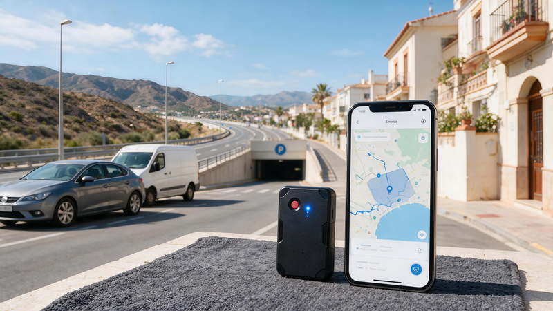 GPS tracker for cars in Spain beside a passenger car, service van, underground parking entrance, and smartphone route map