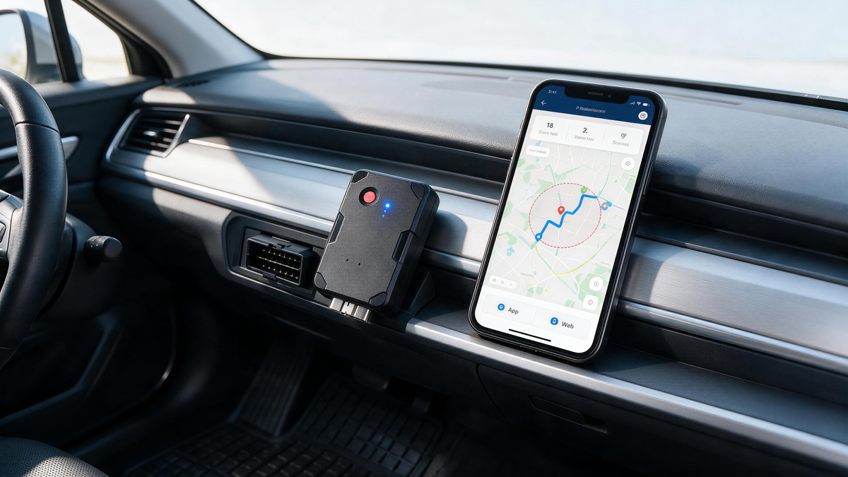 OBD2 GPS tracker with no monthly fee beside a vehicle diagnostic port and smartphone route map