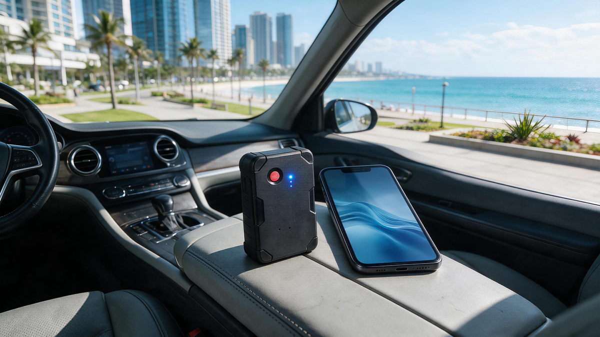 GPS tracker for cars in Miami with compact device, smartphone route map, trip history, and geofence boundary