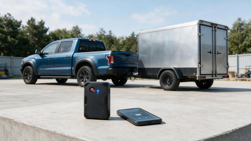 Battery-powered GPS tracker for trailers beside a smartphone, pickup truck, and enclosed cargo trailer