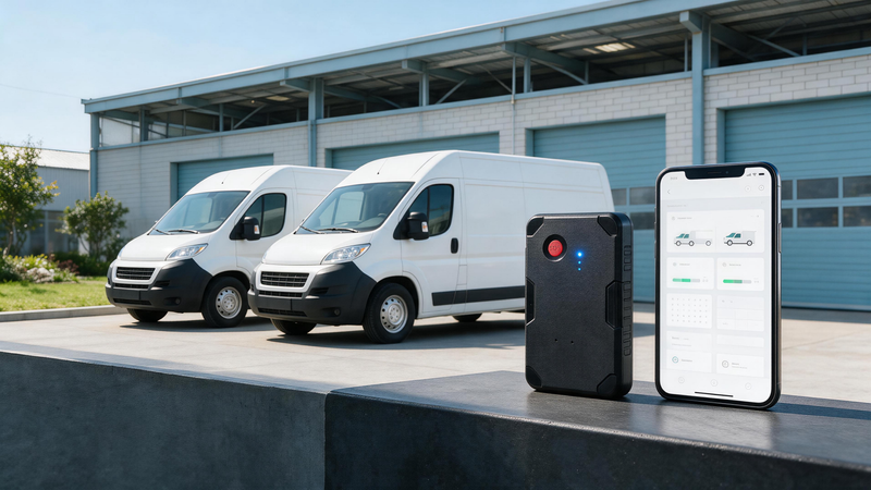 GPS tracker for work vans beside a smartphone fleet dashboard and two service vans