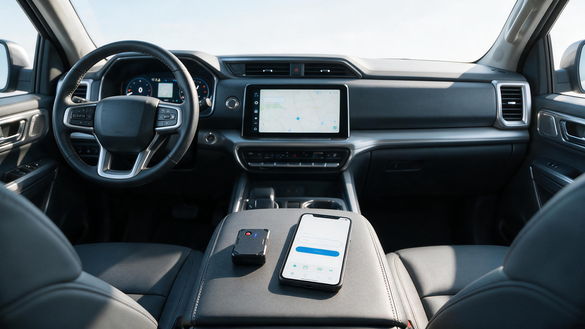 TrackEase GPS tracker app login and setup on a smartphone beside a VITALGLOW vehicle device