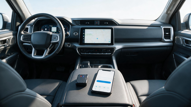 TrackEase GPS tracker app login and setup on a smartphone beside a VITALGLOW vehicle device