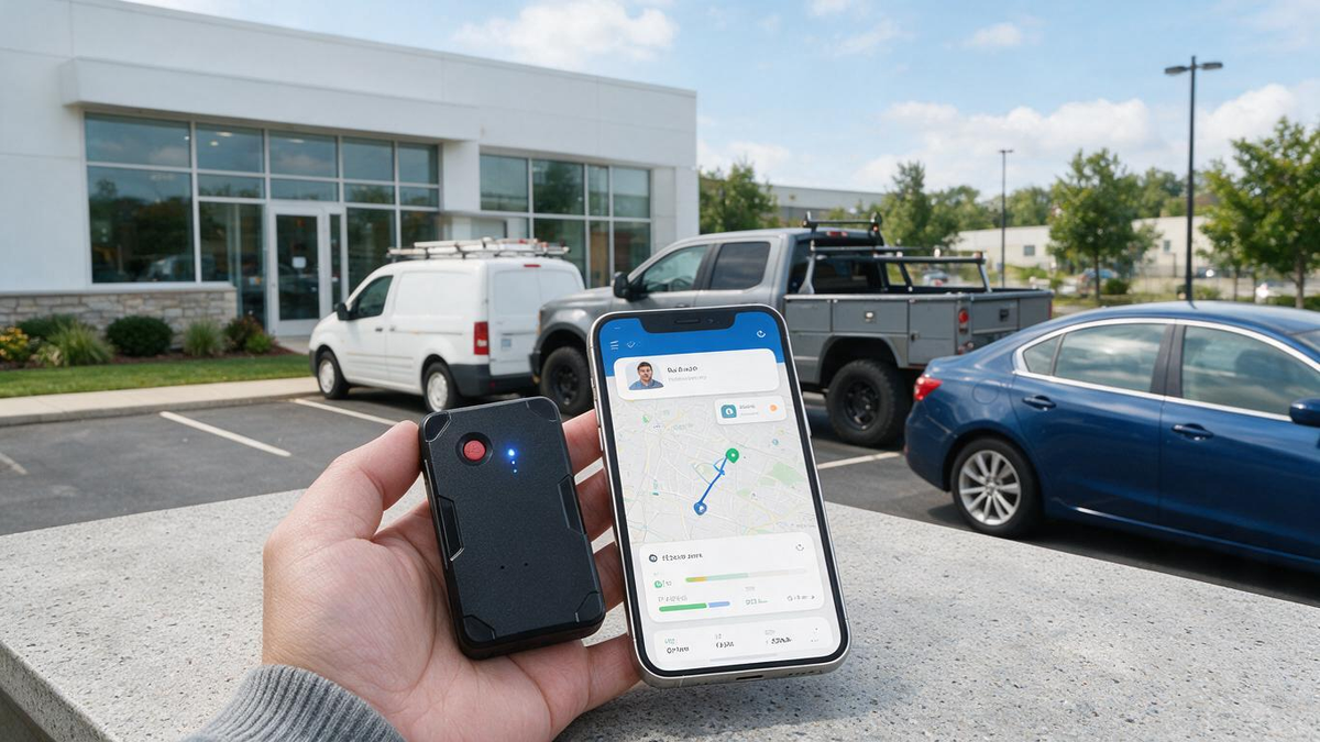 Company vehicle GPS tracking policy guide with a service van, work pickup, passenger car, device, and fleet dashboard
