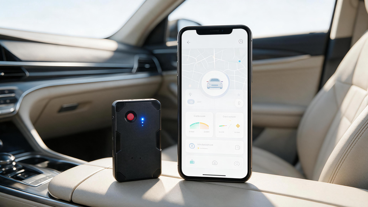 GPS tracker vs connected car service comparison with automotive device, smartphone dashboard, vehicle diagnostics, alerts, and cost options