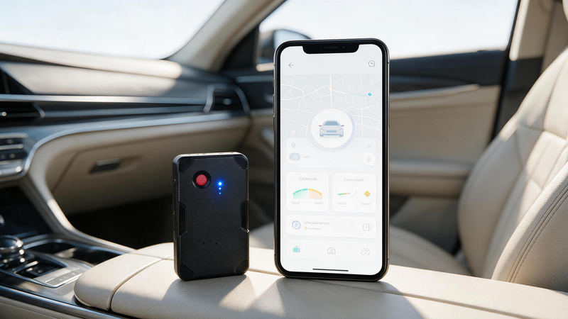 GPS tracker vs connected car service comparison with automotive device, smartphone dashboard, vehicle diagnostics, alerts, and cost options