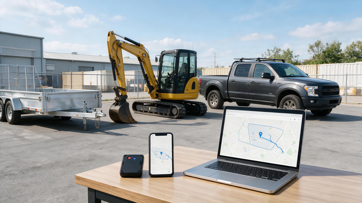 GPS tracking dashboard beside rental equipment in a yard with a geofence and trip history view