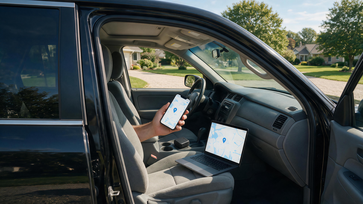 4G vehicle GPS tracker with included SIM and data shown with a phone and web tracking map inside a parked car