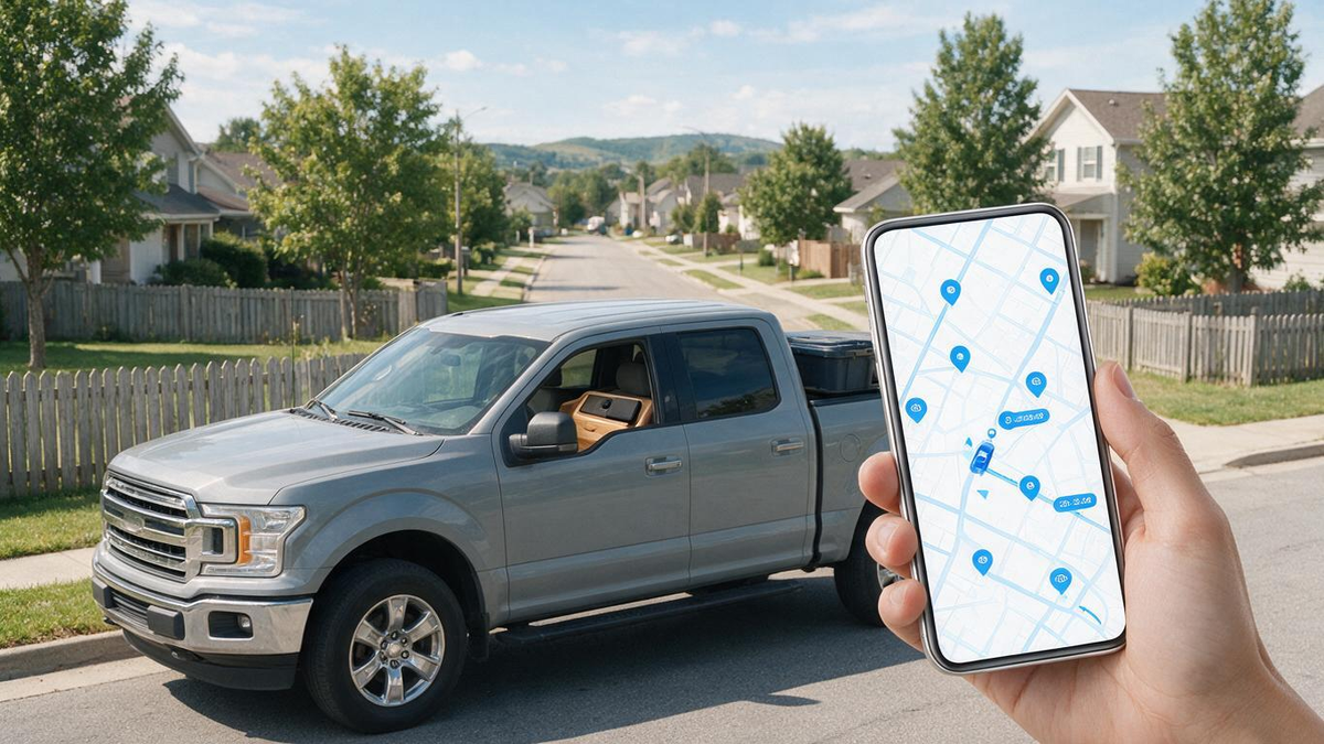Work pickup truck driving outdoors while a phone displays recent real-time GPS route updates