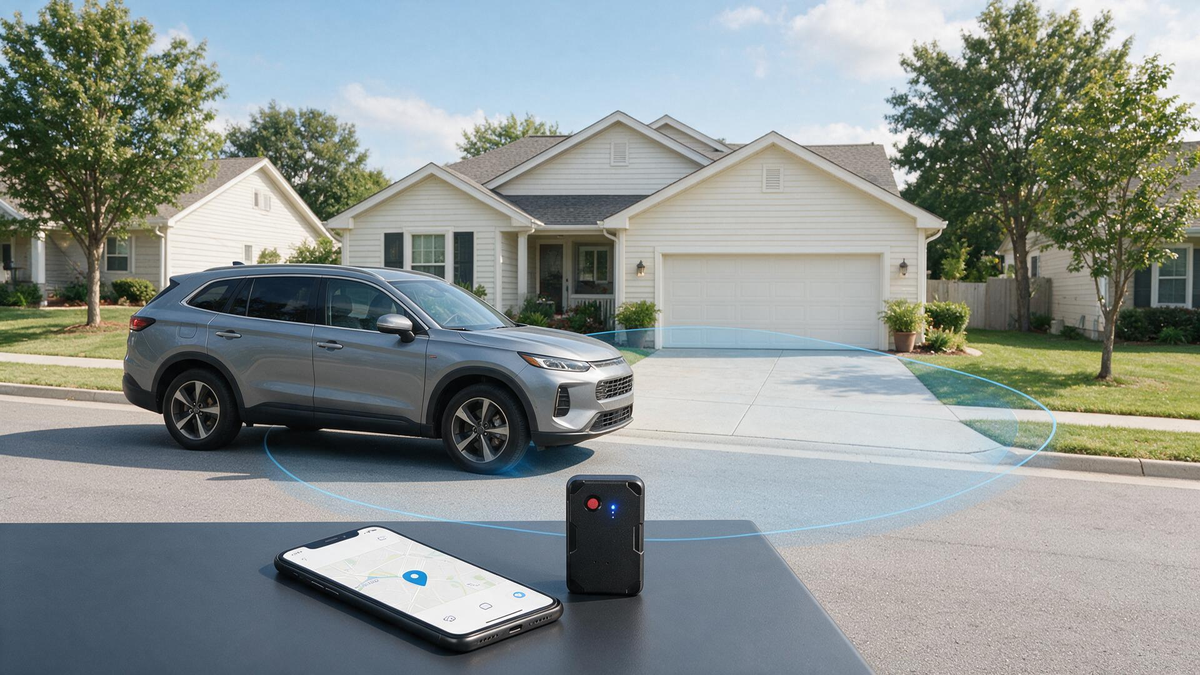 GPS tracker alert test with vehicle crossing a geofence and phone notification