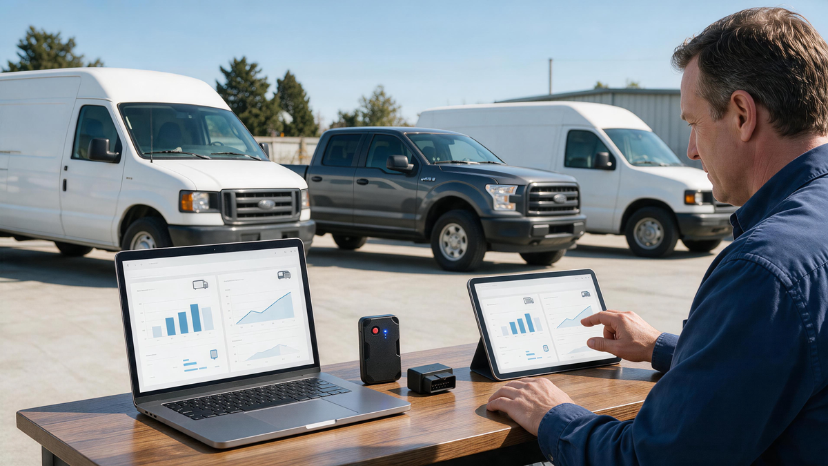 Fleet manager comparing no-contract and no-monthly-fee GPS tracking for work vehicles