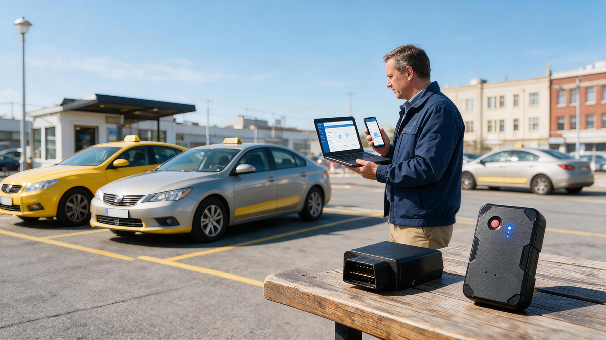 Taxi fleet manager comparing GPS tracker options for no-monthly-fee vehicle tracking