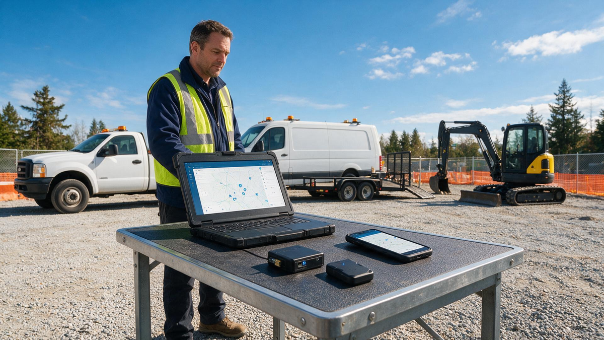 Construction fleet manager comparing GPS tracking for work trucks, vans, trailers, and equipment