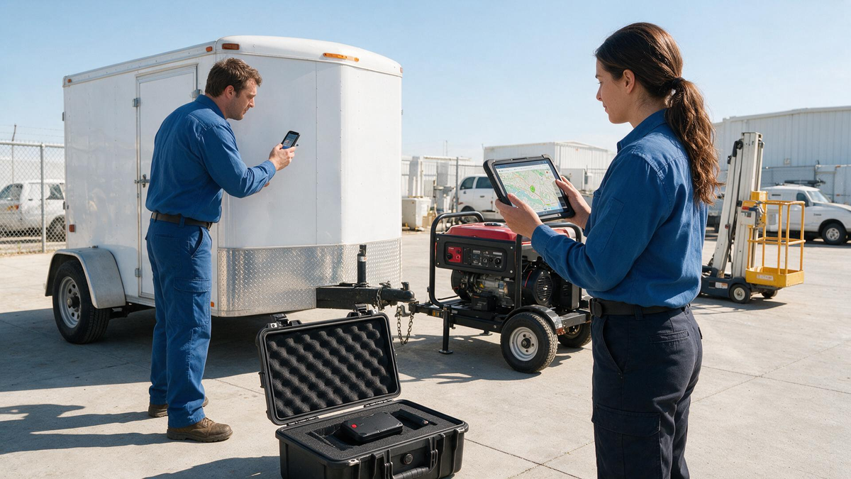 Employees checking a GPS-tracked trailer and generator during an authorized outdoor asset handoff